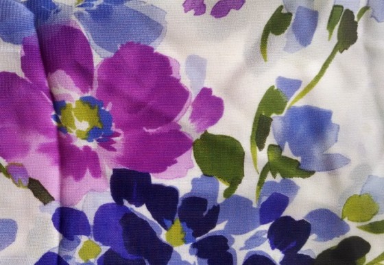 Fabric swatch for A-line elastic waist skirt in floral ploy chiffon with self belt